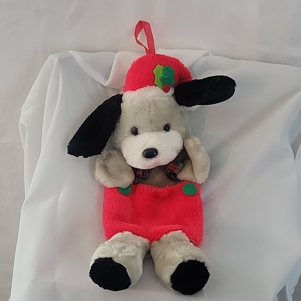 Vintage Puppy Dog Christmas Stocking Puppet Plush Santa's Best Bib Overalls